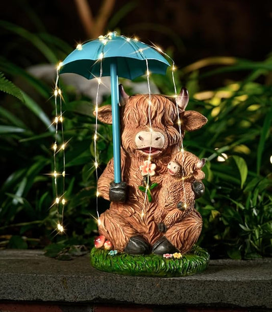 Solar Garden Statues Resin Loving Highland Cow Umbrella Lights Outdoor Decor Gifts for Yard, Patio Decorations-VerdiqueGarden