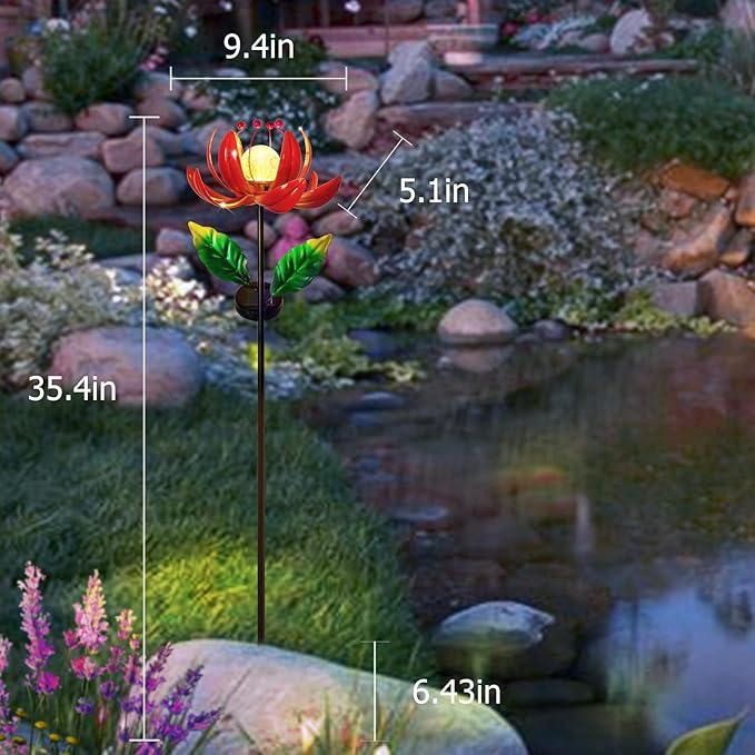 Solar Lights Outdoor Wind Spinners, Metal Lotus Flower Garden Decor with Waterproof LED Crackle Glass Globe for Patio Lawn Yard Outdoor Decor-VerdiqueGarden