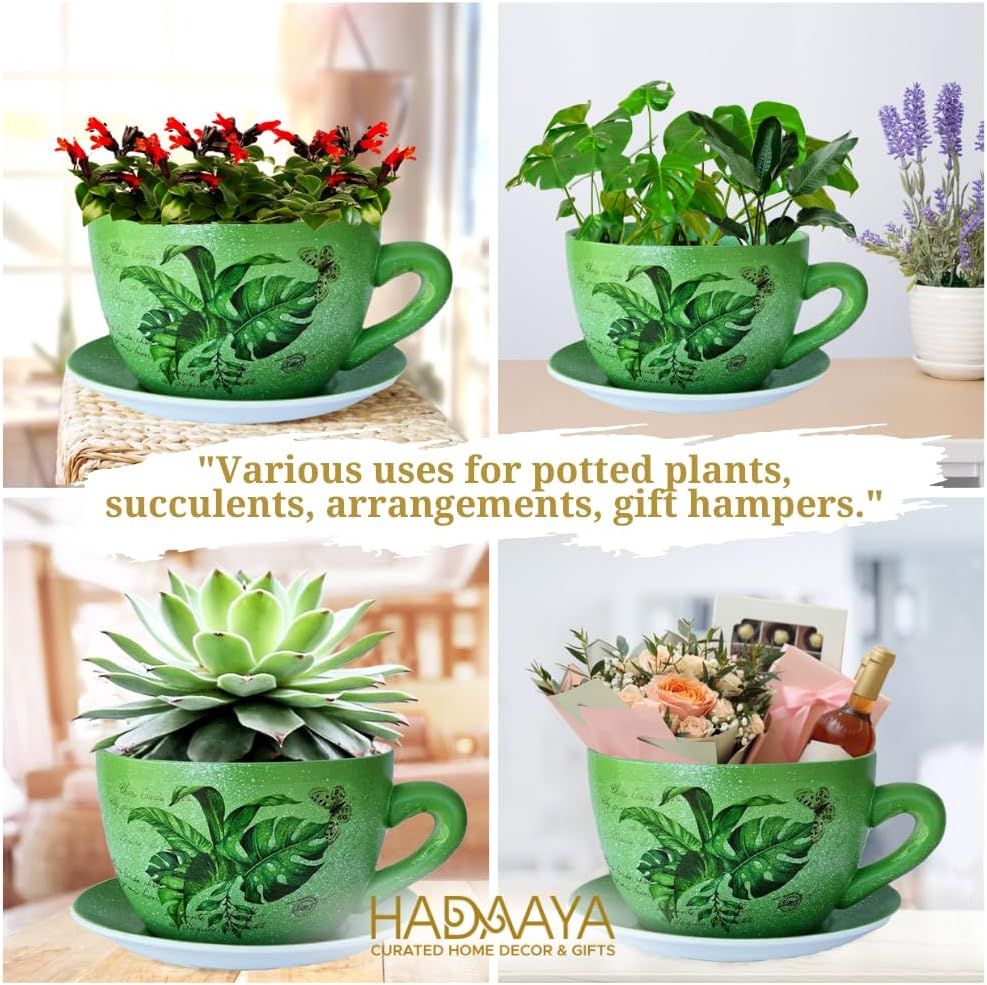7.5" Ceramic Teacup Planter Pot with Saucer | Ideal for Succulents, Orchids, Herbs & Flowers | Indoor & Outdoor Use | Thoughtful Gift for Birthday or Wedding & More - Green - Palm Leaves-VerdiqueGarden
