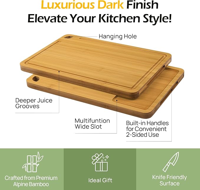 Chopping Board Duo 2-Pcs Natural Bamboo With Juice Channels & Knife-Friendly Finish For Versatile Kitchen Use, Ideal Charcuterie & Chopping Multi-Use-VerdiqueGarden