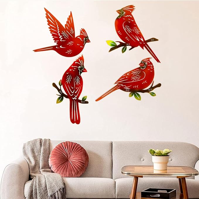 4 Pack Metal Cardinal Wall Art Decor Metal Birds 3D Outdoor Sculpture, Ornaments Hand-Made Nimble red Bird, Gifts for Mom,Birthday Gifts for Grandma Wife-VerdiqueGarden