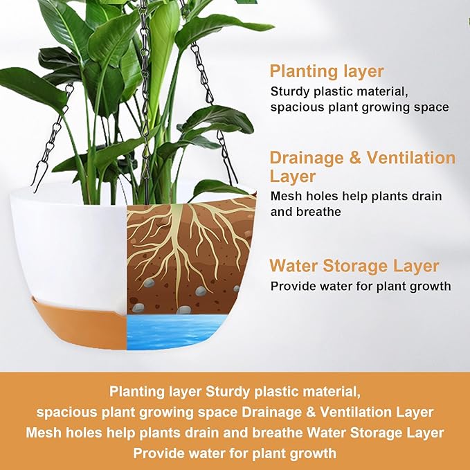 10 inch Hanging Planters for Indoor Outdoor Plants with Self-Watering Pots, 3 Pack Plastic Hanging Basket with Removable Tray for Home Garden Porch Balcony Patio Decor(White+Black+Green)-VerdiqueGarden