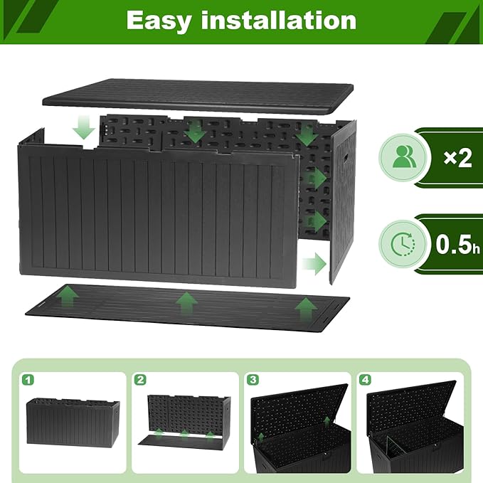 260 Gallon Outdoor Storage Box Waterproof, Extra Large Plastic Outside Deck Box Weatherproof, Resin Patio Storage Bin with Lock and Lids for Pool Equipment and Cushion, Black-VerdiqueGarden