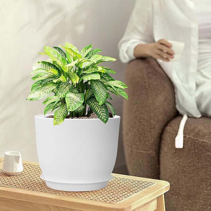 10/9/8 inch Medium Flower Pots, 3 Pack Modern Decorative Plastic Planters with Drainage Holes and Tray, Plant Pots for Indoor Outdoor Plants, White-VerdiqueGarden