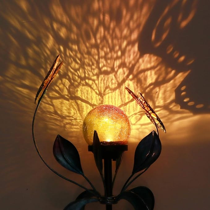 VCUTEKA Solar Lights Outdoor Metal Garden Stake Waterproof Crackle Glass Globe Garden Decor Butterfly for Pathway, Lawn, Patio, Yard-VerdiqueGarden