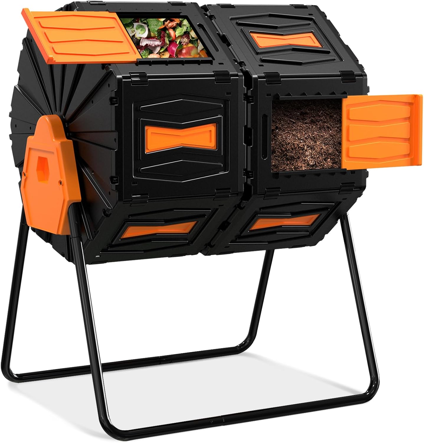 Compost Tumbler, Easy Assemble & Efficient Outdoor Compost Bin, 45 Gallon/170 Liter Large Dual Chamber Rotating Composter for Garden, Kitchen, and Yard Waste, Orange Door-VerdiqueGarden