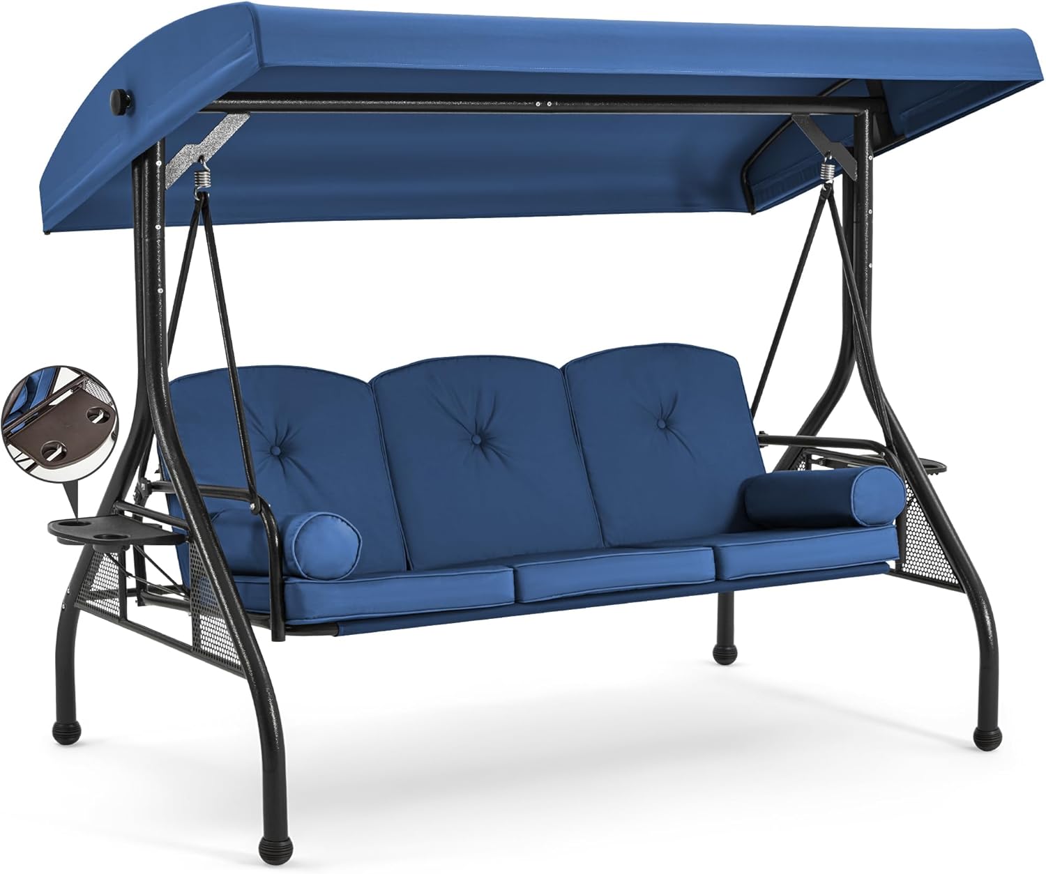 HOMREST 3 Seat Outdoor Porch Swing with Adjustable Canopy, Convertible Patio Swing Bed with Stand, Patio Glider Swing with Upgraded Cup Holder, Thicken Cushions ＆ Pillow for Backyard (Blue)-VerdiqueGarden