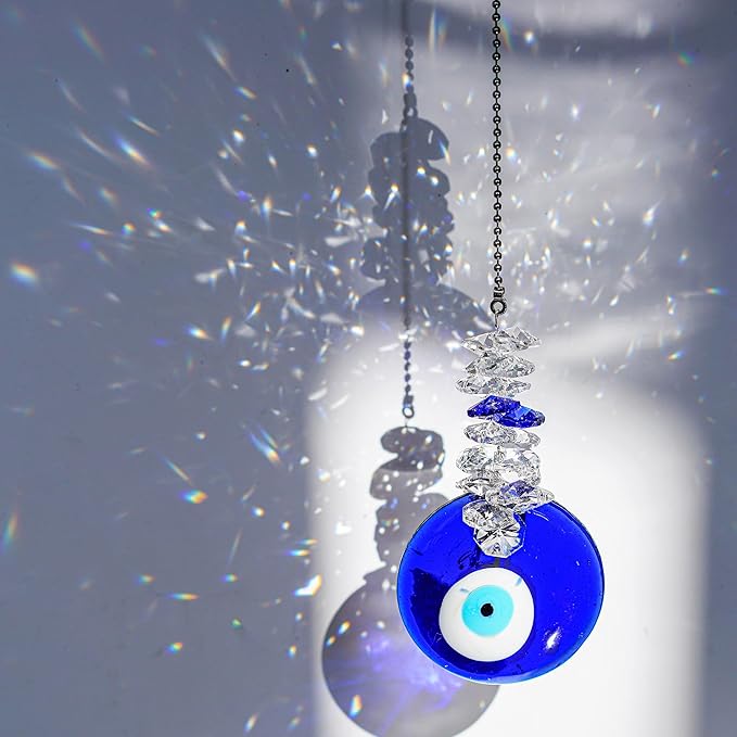 Blue Glass Evil Eye Talisman with Crystal Beads - Good Luck Charm, Home, Office, Car Decoration, Blessing Ornament, Reflects Negative Energy-VerdiqueGarden