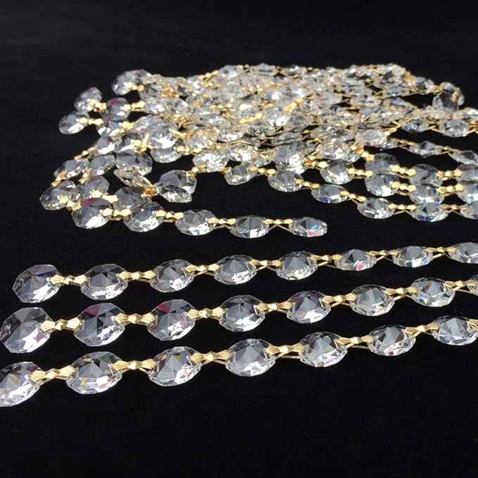 12.5 FT Crystal Glass Strand, Garland Octagon Beads Chandelier Crystal Prism Replacement for Hanging Clear with Golden Clips-VerdiqueGarden