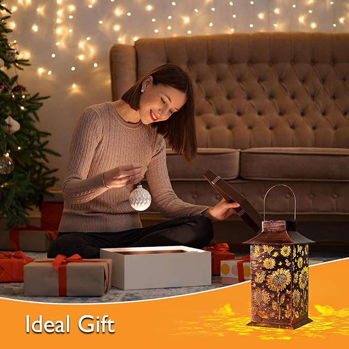 Homemory Sunflower Solar Lanterns Waterproof, Metal Hanging Hollowed-Out Metal Decor Lantern, LED Outdoor Decoration for Outside LED Lanternse for Yard, Backyard, Porch, Lawn-VerdiqueGarden