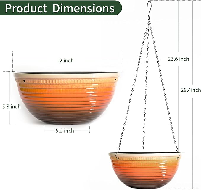 12 inch Hanging Planters for Indoor Outdoor Plants, 2 Pack Large Hanging Flower Pots with Drainage Holes and Chain, Glazed Hanging Baskets for Home Garden Decoration, Orange-VerdiqueGarden