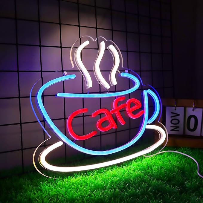 Cafe Neon Sign for Coffee Bar Pub Decor,Blue Wall Art Decoration For Restaurant Living room,Led Light of Cafe,USB Power Supply With Metal Chain.-VerdiqueGarden