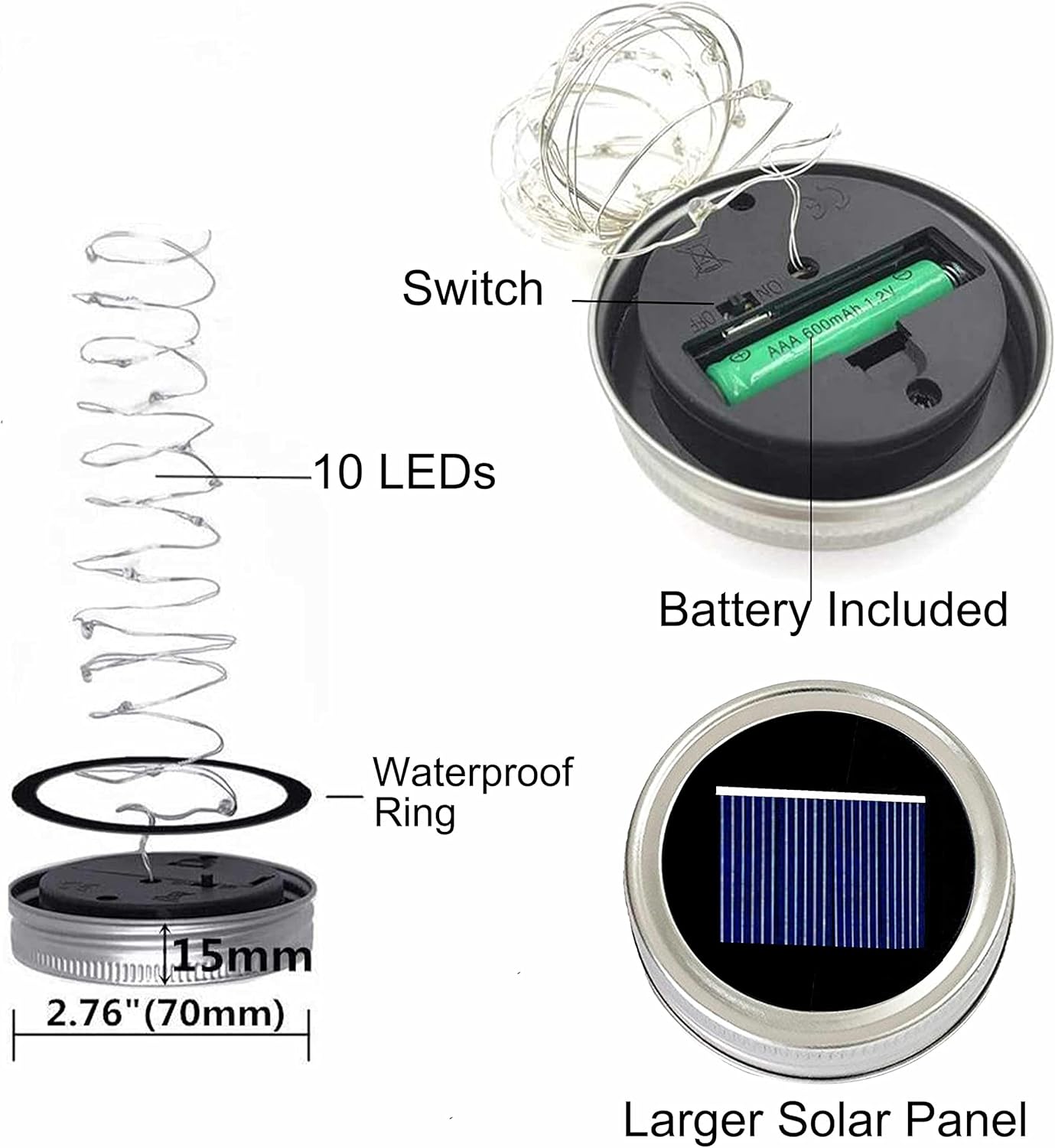Decorman Solar Mason Jar Lid Lights, 6 Pack 10 LED Waterproof String Fairy Star Firefly Jar Lids Lights for Patio Garden Yard Lawn Party Wedding Christmas Decoration(Jars & Hangers Not Included)-VerdiqueGarden