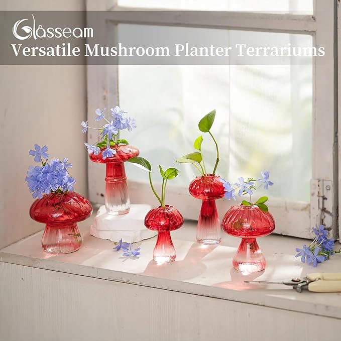 Glasseam Mushroom Plant Propagation Stations: Red Glass Terrarium Jar Set of 5 Cute Planters for Indoor Plants Decorative Propagate Station Unique Christmas Birthday Gifts for Women Home Office Decor-VerdiqueGarden