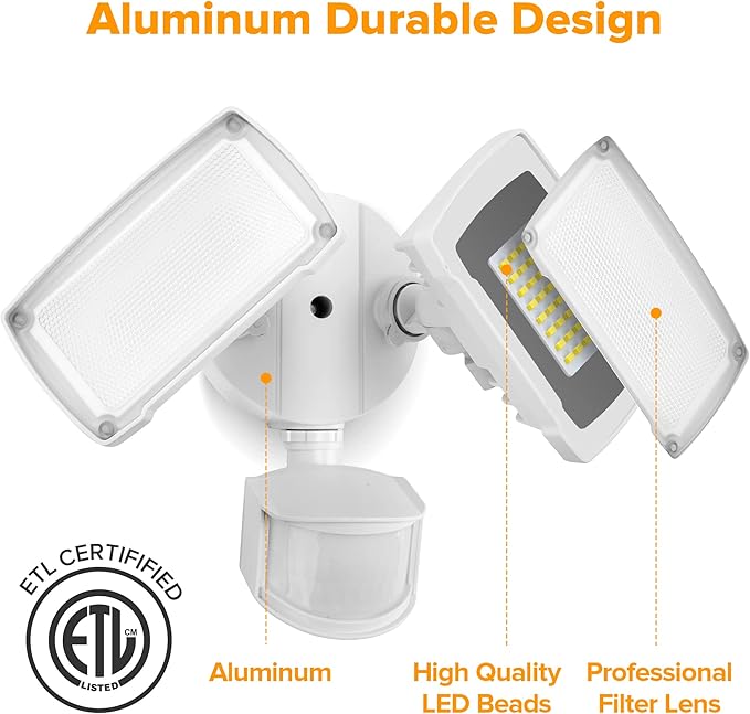 LUTEC 38W 3500 Lumen LED Motion Activated Integrated Dual-Head Floodlight Outdoor with Motion Sensor, 5000K Daylight, Dusk to Dawn, Exterior Security Wall Light for Patio, Garden, Yard(White)-VerdiqueGarden