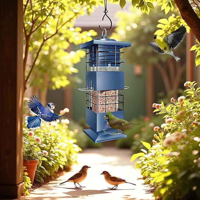 Bird Feeder 3LBS Metal Anti-Squirrel Wild Birdseed Feeder for Finch Cardinal Blue Jay Outdoors Hanging (Blue)-VerdiqueGarden