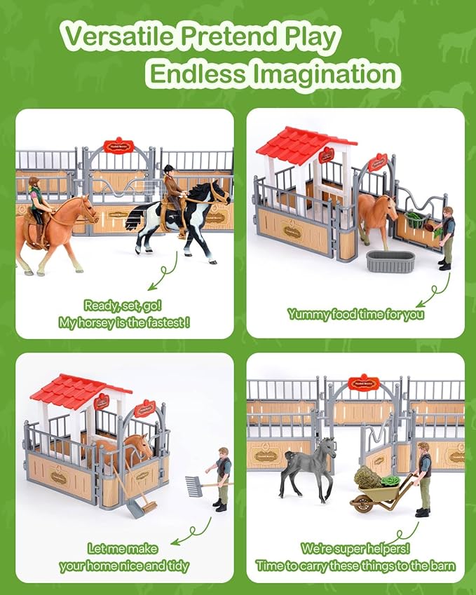 Horse Stable Playset, Horse Gifts for Girls and Boys with 3 Horses and 2 Riders, Horse Toys Set Farm Animals Toys for Kids 3 4 5 6 7 8+ (New Model), Green-VerdiqueGarden