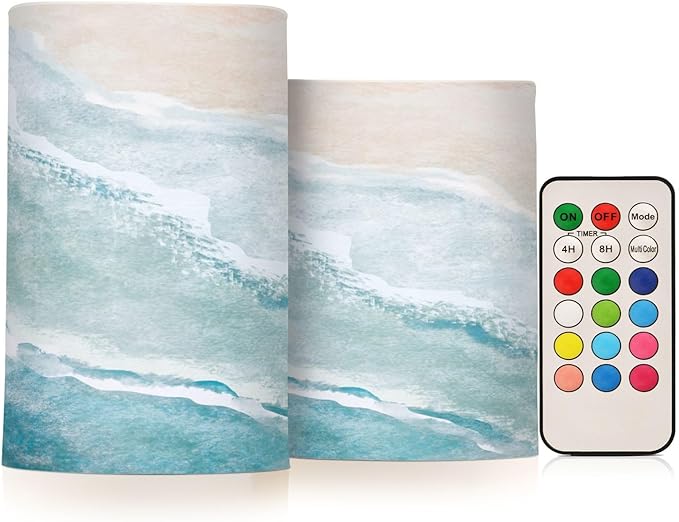 Flickering Flameless Candles, Bohemian Beach LED Candles with Remote Timer, Set of 2 Battery Operated Candle for Valentine Wedding Birthday-VerdiqueGarden