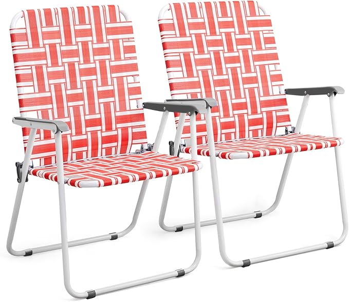 VINGLI Patio Lawn Webbed Folding Chairs Outdoor Beach Portable Camping Chair for Yard, Garden (2, Red, Oversized)-VerdiqueGarden