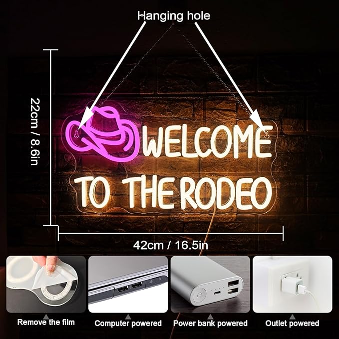 WLHOPE Welcome to The Rodeo Neon Sign Cowboy Hat Neon Sign Led Sign,Dimmable Cowgirl Neon Signs for Wall Decor,Connectivity Via USB Licked Neon Light for Bedroom Home Bar Club Party Western Decor-VerdiqueGarden