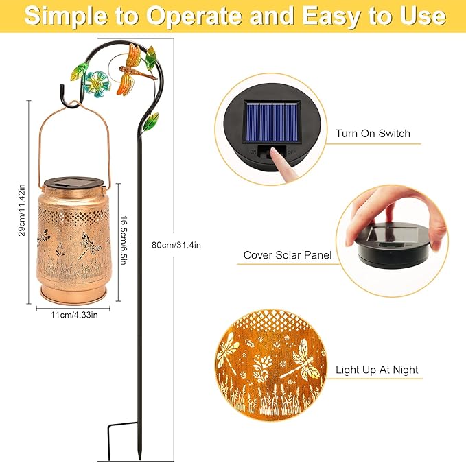 Solar Lanterns Outdoor Waterproof Dragonfly Garden Decor, Birthday Gifts for Women Mom Grandma Hanging Solar Lights Metal LED Decoration Outside with Shepherd Hook for Garden Yard Patio Porch-VerdiqueGarden