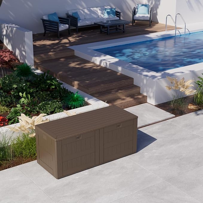 180 Pro Gallon Waterproof Outdoor Storage Bin Resin Deck Box for Patio, Poolside, and Garden, Lockable & UV-Resistant, Brown-VerdiqueGarden