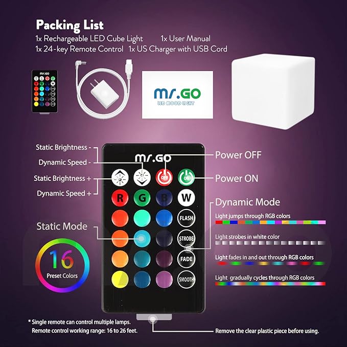 Mr.Go 14-Inch Color Changing LED Cube Light Stool, Glow Cube Seat for Kids, Modern LED Light Side Table, 16 RGB Colors LED Mood Lighting, Ideal for Home Garden Patio Bar Pool Party Decorative Lighting-VerdiqueGarden