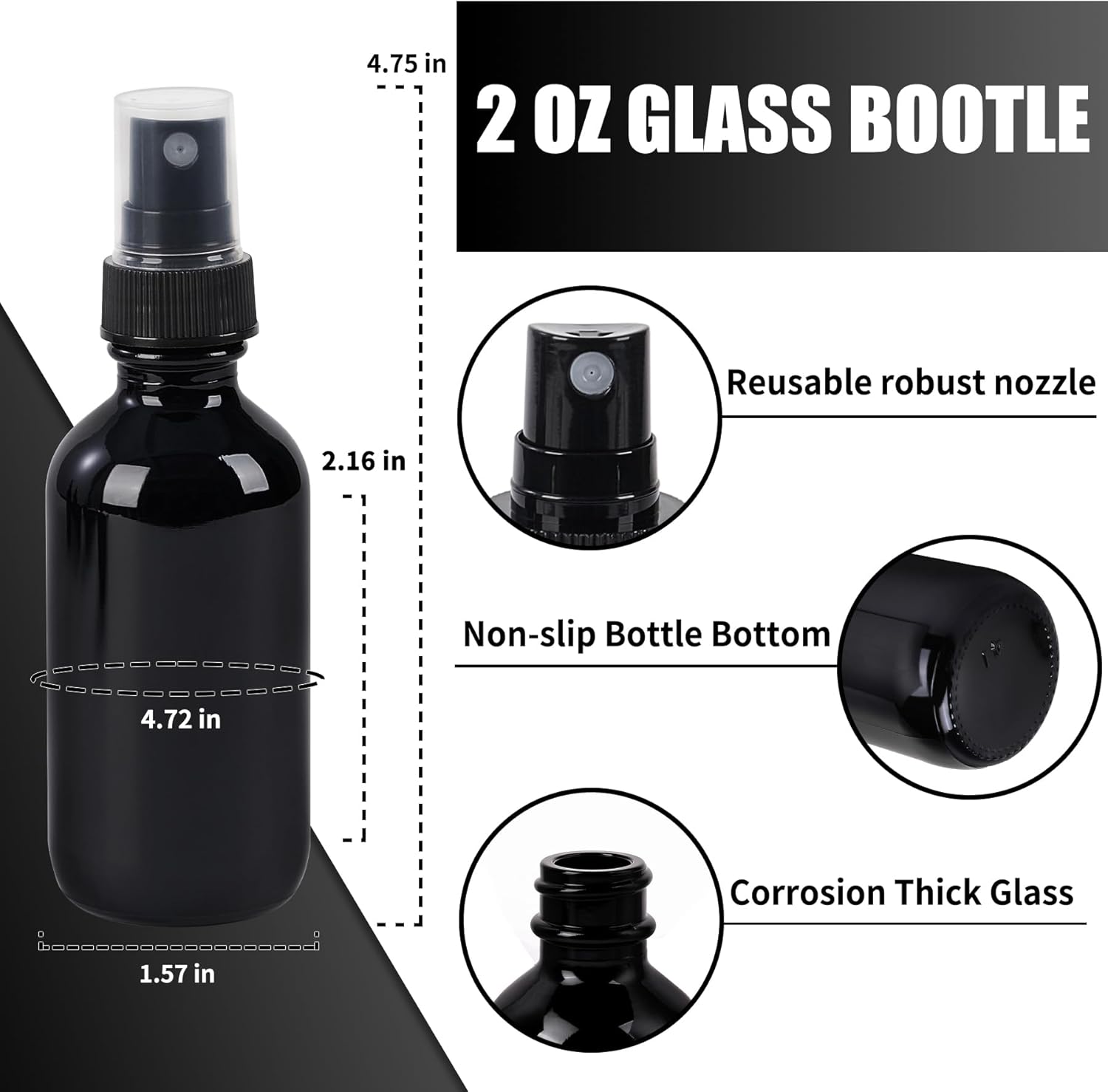 2 oz Glass Spray Bottles, Reusable Fine Mist Sprayer Small Spray Bottle, Leak-Proof Design, Perfect for Travel, Skin Care, Perfumes, Botanical, Cleansing (Black, 2oz-12pcs)-VerdiqueGarden
