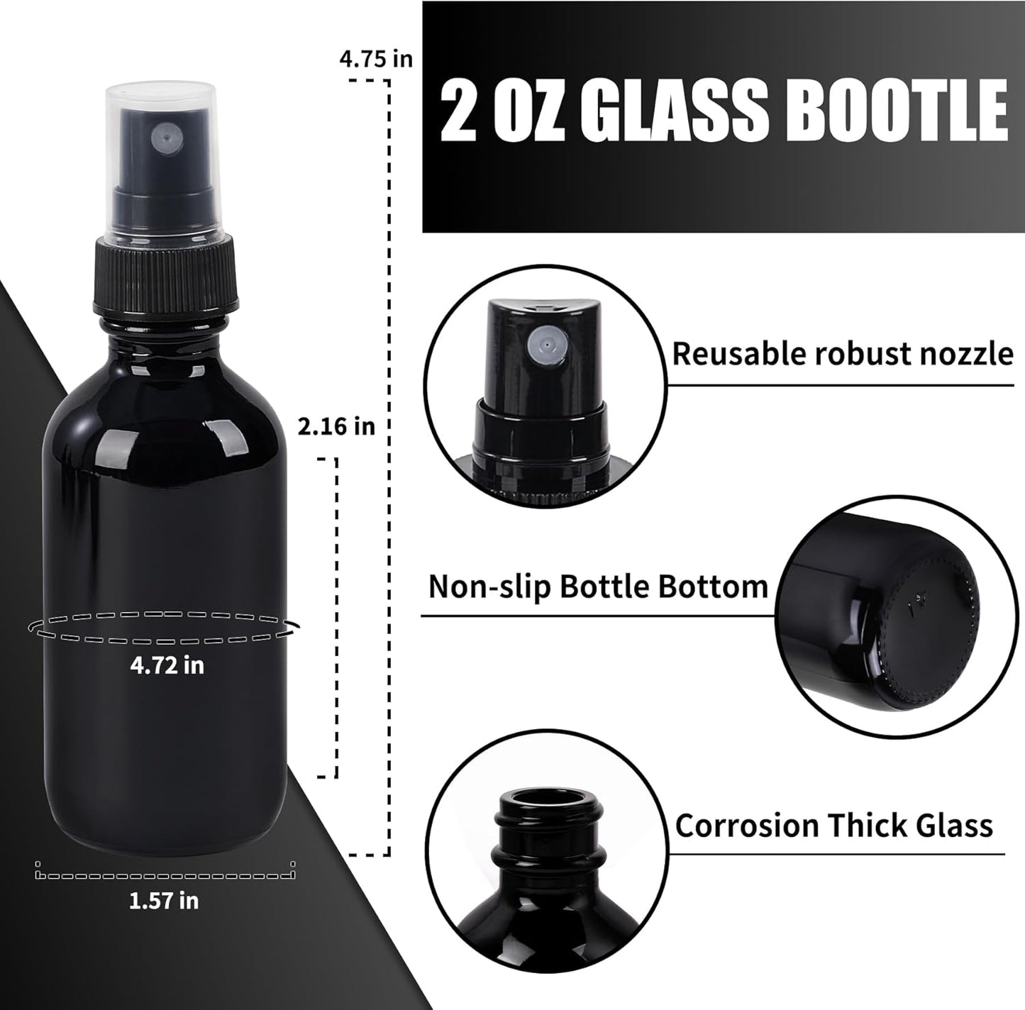 2 oz Glass Spray Bottles, Reusable Fine Mist Sprayer Small Spray Bottle, Leak-Proof Design, Perfect for Travel, Skin Care, Perfumes, Botanical, Cleansing (Black, 2oz-48pcs)-VerdiqueGarden