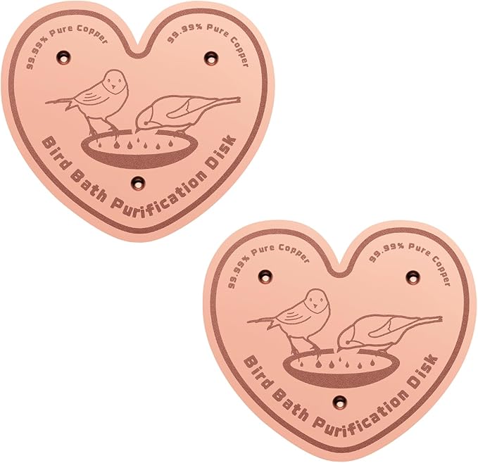2-Pack 99.99% Pure Copper Bird Bath Purification Disk,Copper Disc with Stable Triple-Point Support,Fits All Outdoor Bird Baths(Heart-Shaped)-VerdiqueGarden