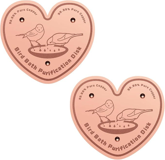 2-Pack 99.99% Pure Copper Bird Bath Purification Disk,Copper Disc with Stable Triple-Point Support,Fits All Outdoor Bird Baths(Heart-Shaped)-VerdiqueGarden