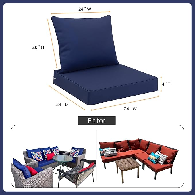 Favoyard Outdoor Seat Cushion Set 24 x 24 Inch Waterproof & Fade Resistant Patio Furniture Cushions with Removable Cover, Handle and Adjustable Straps for Chair Sofa Couch-VerdiqueGarden