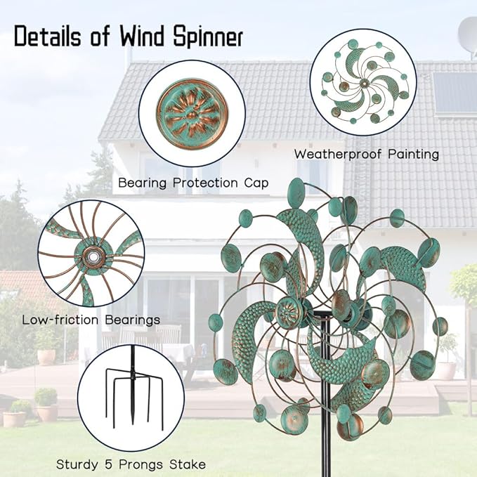 DREAMYSOUL Wind Spinner, Kinetic Wind Spinners Outdoor Metal, Garden Spinner for Yard Outside Patio Lawn Decor (Green & Cooper)-VerdiqueGarden