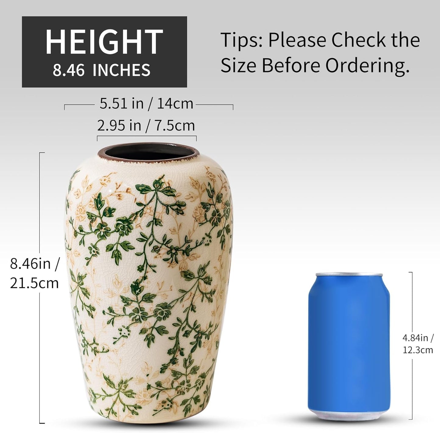 Vintage Pastoral Green and Beige Flower Vase, Ceramic Floral Vases, Retro Ice Cracked Chinoiserie Vase for Home Cottage Core Decor, Bookshelf, Office, Mantel, Wedding Rustic Table Centerpiece 8.5 Inch-VerdiqueGarden