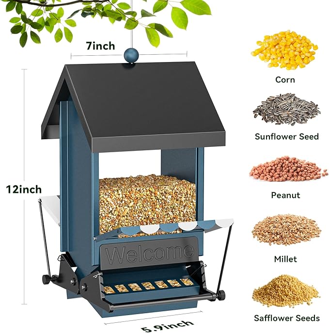 Weight Activated Squirrel Proof Bird Feeder with Canopy | 5LB Large Capacity, Weather-Resistant Design | Attracts Finches, Cardinals & More for Outdoor Bird Watching-VerdiqueGarden