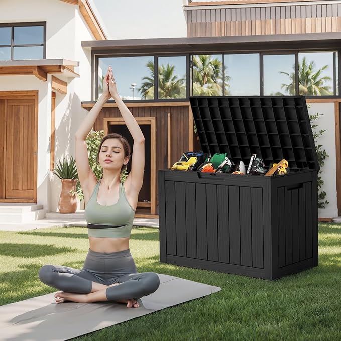 DRATO 45 Gallon Deck Box, Outdoor Storage Box for Patio Furniture, Patio Cushions, Gardening Tools, Pool Supplies 480lbs Weight Capacity,Waterproof Resin Storage Boxes-VerdiqueGarden