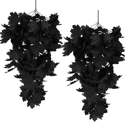 RECUTMS Black Maple Leaf Garland 2PCS Artificial Hanging Fall Halloween Maples Leaves Swag Plants 2.5ft Faux Silk Autumn Garlands for Indoor Outdoor Thanksgiving Party Home Room Fireplace Patio Decor-VerdiqueGarden