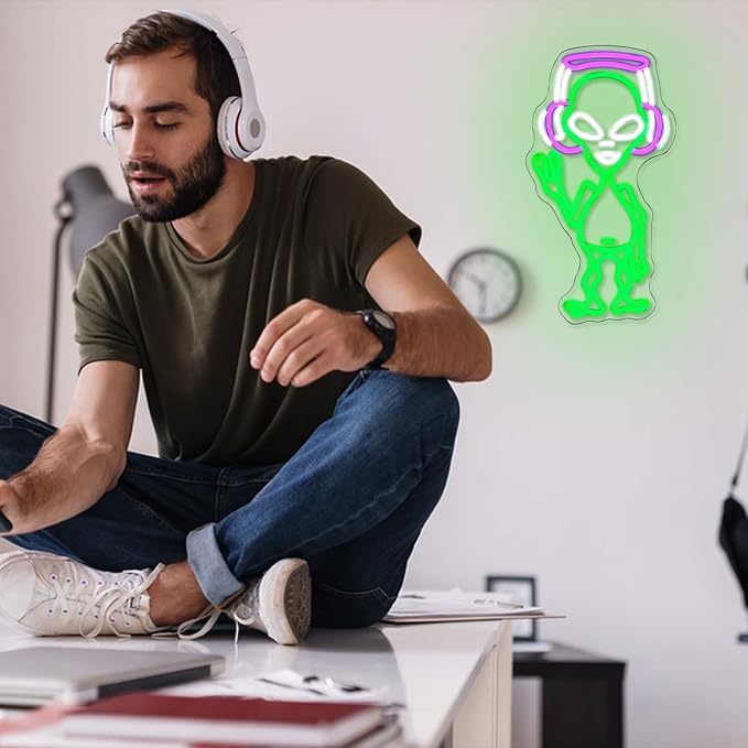 Alien Neon Sign for Wall Decor - Green Music Neon Light Dimmable Cool LED Light Up Sign for Music Studio, Game Room, Party, Bar, Man Cave Decoration-VerdiqueGarden