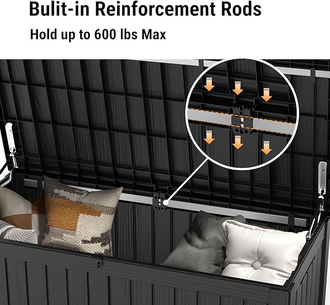 Mars Villa 119 Gallon Outdoor Storage Box Waterproof, Large Resin Deck Box for Pool Supplies Storage, Outdoor Patio Furniture Cushions, with Hydraulic Hinge, UV-Resistant and Weatherproof, Black-VerdiqueGarden