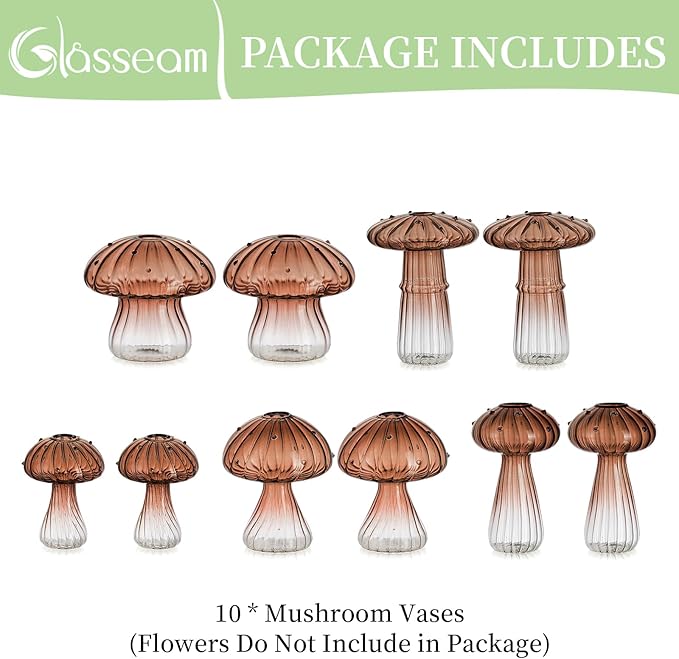 Glasseam Mushroom Plant Propagation Stations: Amber Glass Terrarium Jar Set of 10 Cute Planters for Indoor Plants Mini Propagate Station Unique Christmas Birthday Gifts for Women Home Office Decor-VerdiqueGarden
