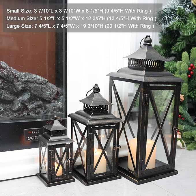DECORKEY 3PCS (20’’&13’’&9’’) Lanterns Decorative Indoor & Outdoor, Vintage Metal Frame Candle Holders for Front Porch, Patio, Pathway, Balcony, Garden, Yard Decor, Halloween Christmas Decorations-VerdiqueGarden