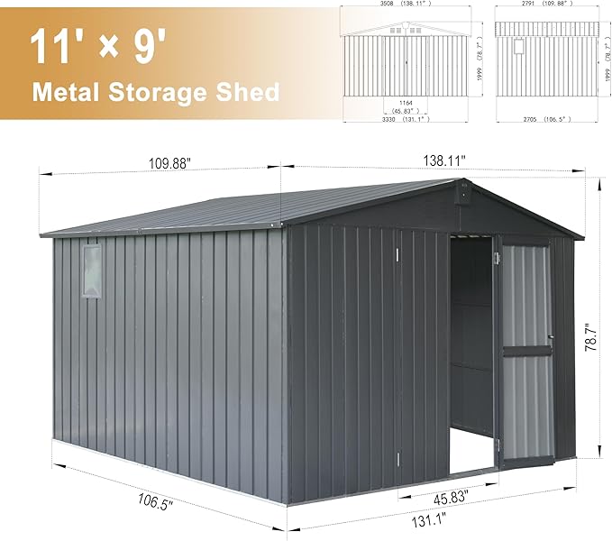 Domi Outdoor Storage Shed 11’ x 9’, Metal Sheds with Galvanized Steel Frame & Windows & Lockable Door, Garden Shed Tool Storage Room for Patio, Grey-VerdiqueGarden