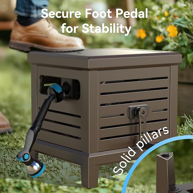 Hose Reel, Heavy Duty Hose Reel Box Hideaway Holds 100 ft x 5/8" Hose, Never-Leak System, Manual Crank Handle, Hose Guide, Stable Foot Pedal, Ideal for Yards, Patios, and Garden Sheds-VerdiqueGarden