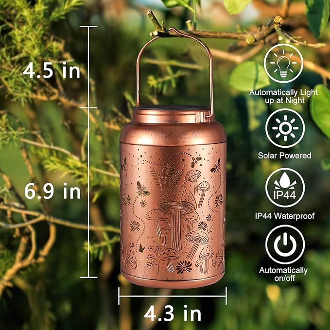 2 Pack Solar Lanterns Outdoor Waterproof, Mushroom Garden Decor Gifts for Women Mom Grandma Hanging Solar Lights Metal Solar Decoration Outside LED Lanterns for Yard, Patio, Lawn-VerdiqueGarden