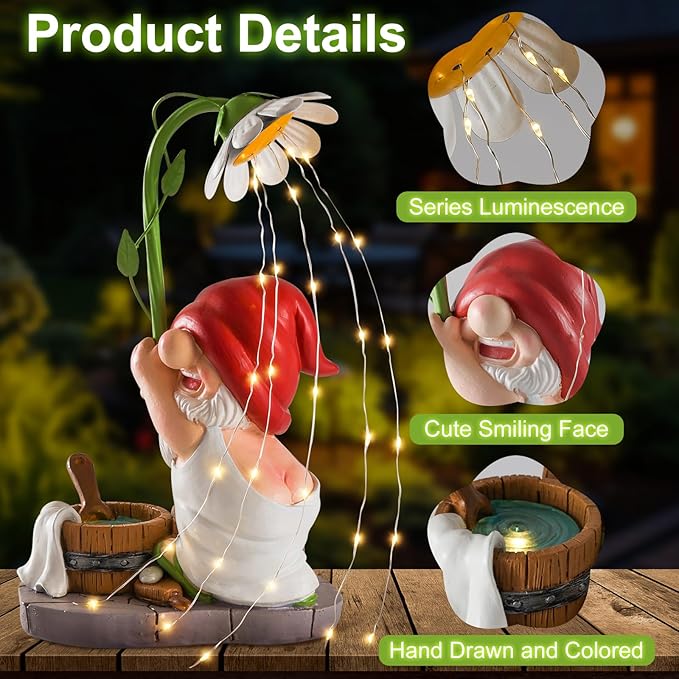 WINTS Garden Gnomes Outdoor Statue with Solar Lights,Bathing Large Funny Gnome Solar Garden Decorations for Lawn, Balcony, Yard,Patio Gnome Gifts for Mom-VerdiqueGarden