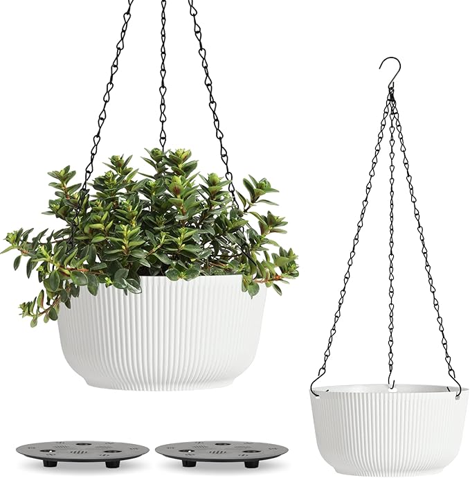 T4U Hanging Planter Self Watering 8 Inch, 2 Pack White Indoor Outdoor Hanging Plant pots, Hanging Flower Pot with Drainage Hole & Plug & Chain with 3 Hooks for Garden Home Decor-VerdiqueGarden