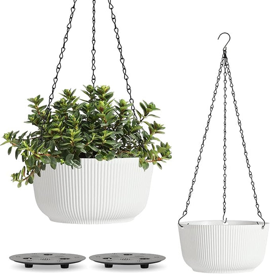 T4U Hanging Planter Self Watering 8 Inch, 2 Pack White Indoor Outdoor Hanging Plant pots, Hanging Flower Pot with Drainage Hole & Plug & Chain with 3 Hooks for Garden Home Decor-VerdiqueGarden