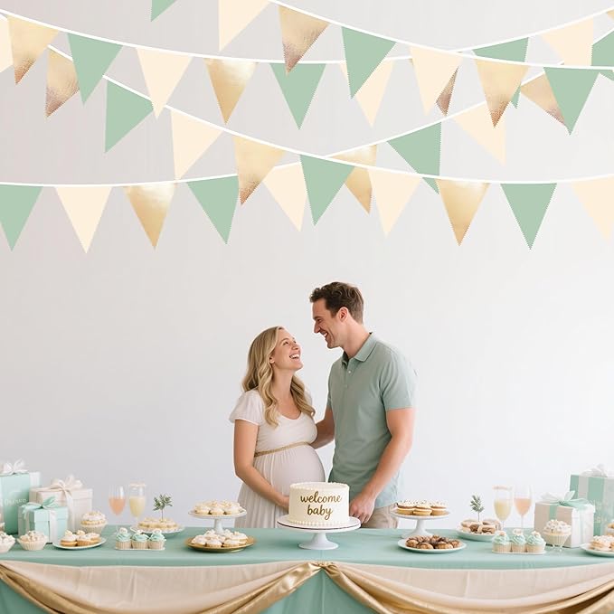 Sage Green Beige Champagne Gold Party Decorations Metallic Fabric Triangle Pennant Banner Bunting Flag Garland for Baby Shower Birthday Wedding Engagement Bridal Shower Graduation Decoration Supplies-VerdiqueGarden
