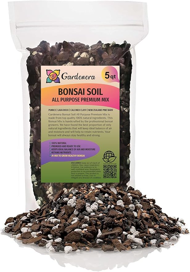 Premium Bonsai Soil All Purpose Fast Draining Mix - Pumice, Lava, Calcined Clay and Pine Bark Potting Pre Mixed Bonsai Plant Soil Mixture by GARDENERA - Made in USA - (5 Quart Bag)-VerdiqueGarden