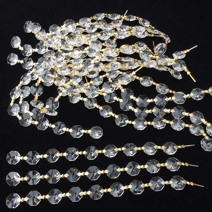 12.5 FT Crystal Glass Strand, Garland Octagon Beads Chandelier Crystal Prism Replacement for Hanging Clear with Golden Clips-VerdiqueGarden